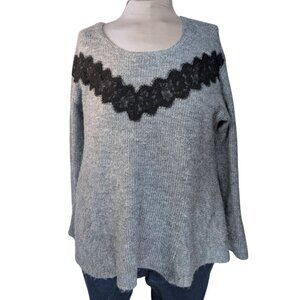 Elle XL Gray Scoop Neck A-Line Bell Sleeve Lace Adorned Pullover Sweater
